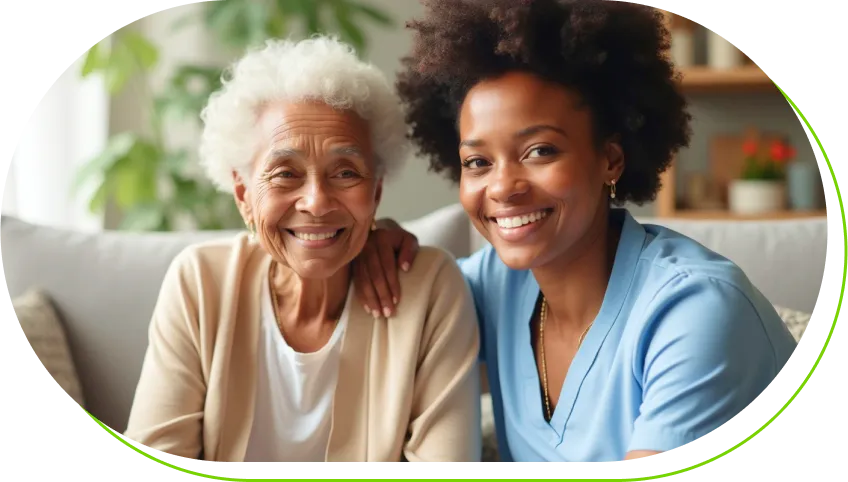 two happy women smile