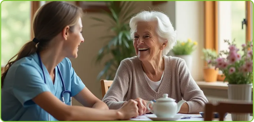 young and elderly women smiling in the kitchen