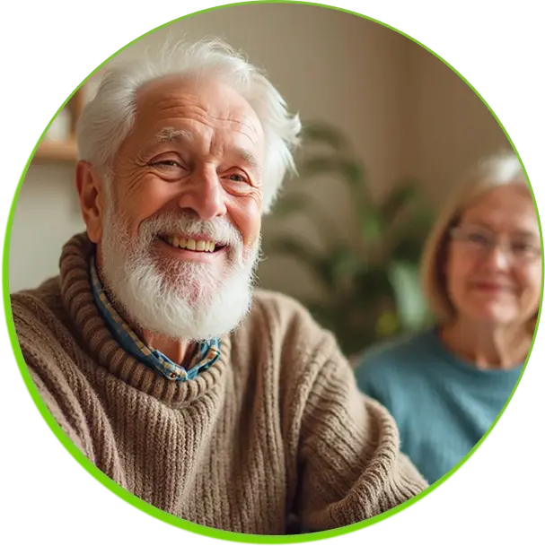 an elderly couple smiles