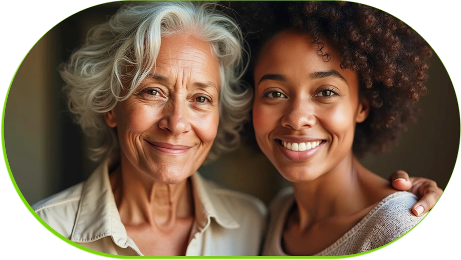 two happy women smile