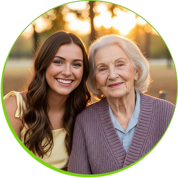 Two women of different ages smiling against a sunset background