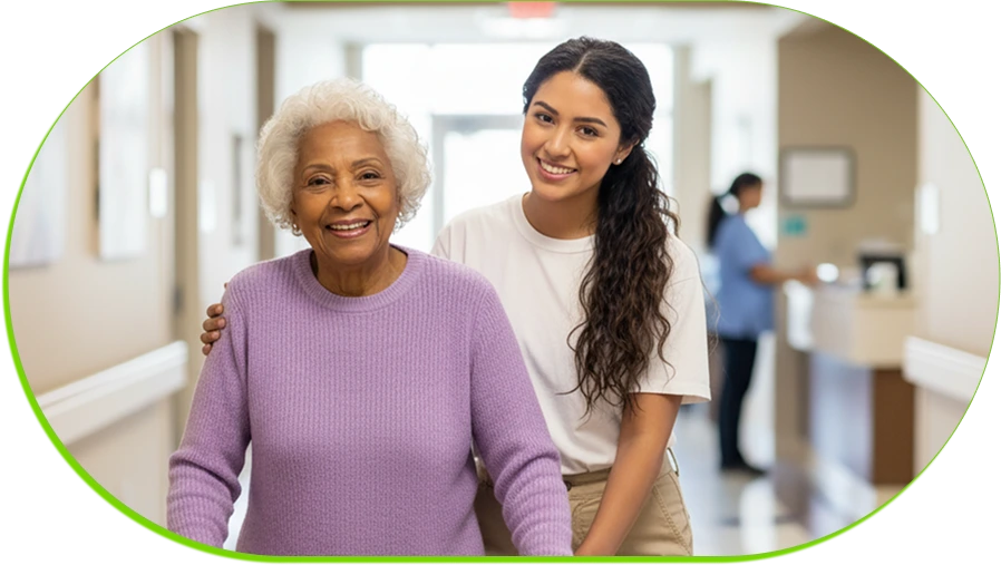 Elderly woman with white hair walking with walker, assisted by younger woman in hospital hallway